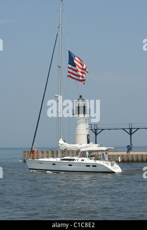 St Joseph North Pier Light outer end of North Pier on Lake Michigan Sail Boat Stock Photo