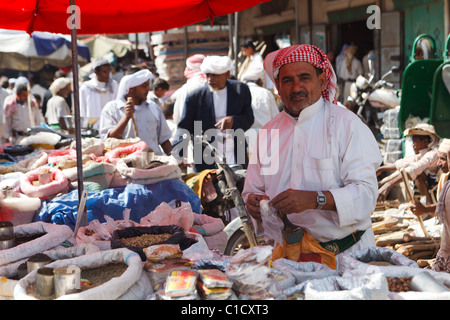 Seller at Bait Al Faqih Friday Market, Yemen Stock Photo