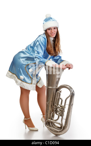 funny santa girl with big trumpet Stock Photo