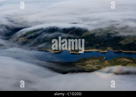 aerial view above fog Crystal Springs reservoir San Mateo county California