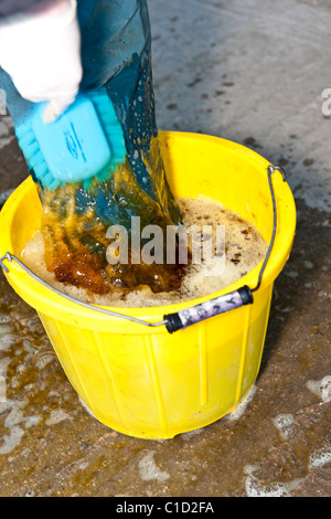 On farm hygiene - a vet cleaning footwear after visiting a modern UK Dairy Farm. Stock Photo