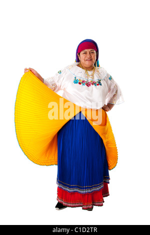 Beautiful senior Latin Gypsy woman from South America dressed in Folklore clothes from Ecuador, Colombia or Venezuela, isolated. Stock Photo