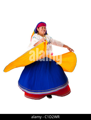 Latin Gypsy woman from South America dressed in Folklore clothes from Ecuador, Colombia, Bolivia or Venezuela, dancing twirling. Stock Photo