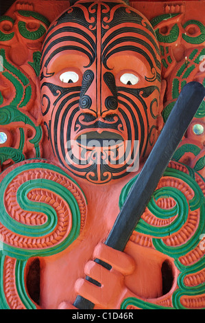 Maori carvings, Hobson's Beach, Waitangi Treaty Grounds, Waitangi, Bay of Islands, Northland Region, North Island, New Zealand Stock Photo