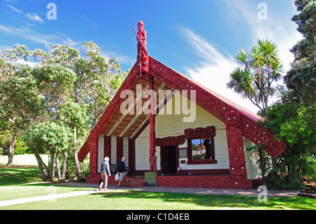 Te Whare Runanga Meeting House, Waitangi Treaty Grounds, Waitangi, Bay of Islands, Northland Region, North Island, New Zealand Stock Photo