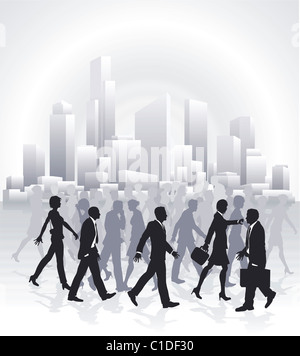 Groups of business people rushing in front of city skyline Stock Photo