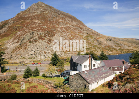 View above Ogwen Cottage outdoor pursuits centre below Pen Yr Ole Wen mountain. Ogwen Valley, Snowdonia, North Wales, UK. Stock Photo