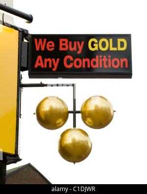 Pawnbroker's Three Balls with 'We Buy Gold' sign Stock Photo