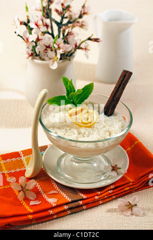 Creamed rice with almond milk. Recipe available. Stock Photo