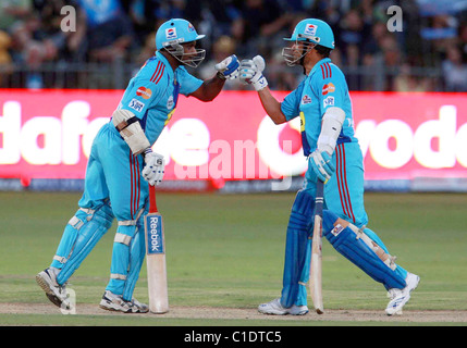 Sachin Tendulker and Sanath Jayasuriya of Mumbai Indians during the IPL Twenty20 match with Kolkata Knight Riders playing Stock Photo