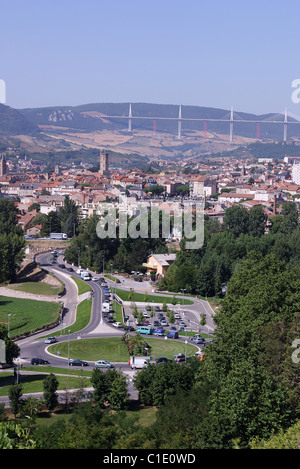 France Aveyron Millau traffic jam at the city entrance in the background Millau Viaduct (A75 Motorway) by Michel Virlogeux & Stock Photo