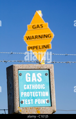 A warning sign for the gas pipeline which brings natural gas from the Morecambe Bay gas field to the gas processing plant Stock Photo