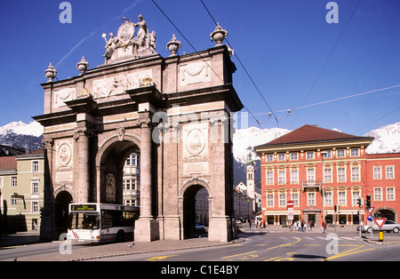 Austria, Tyrol, Innsbruck, downtown, Triumphal arch on Maria Theresien Strasse Stock Photo