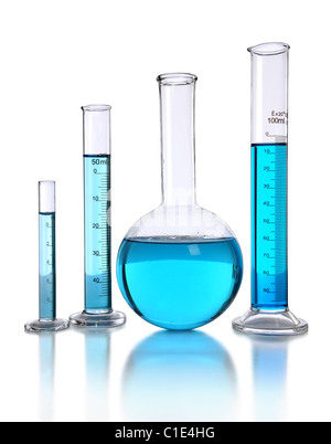Laboratory glassware with blue liquid isolated on white Stock Photo - Alamy