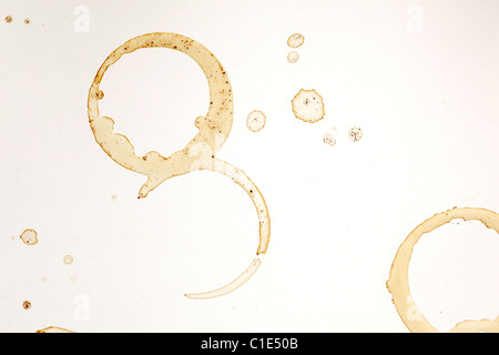 coffee stains and rings on white table Stock Photo