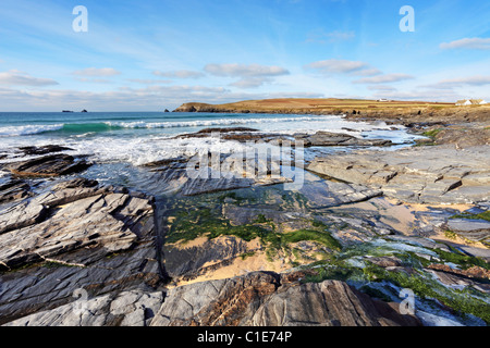 Booby's Bay near Padstow in Cornwall with Dinis Head near Trevose visable on the horizion Stock Photo