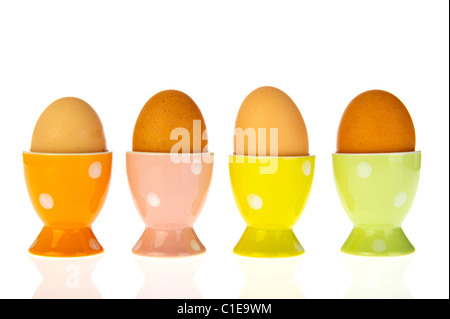 Four brown eggs in colorful cups on white background Stock Photo