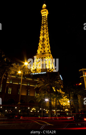 Eiffel Tower Las Vegas Strip Traffic Night Stock Photo