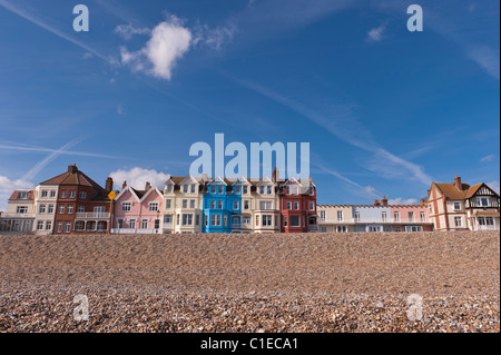 A row of colourful bay fronted houses on the seafront in Aldeburgh , Suffolk , England , Britain , Uk Stock Photo