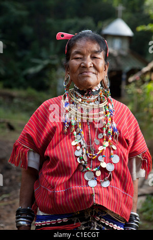 Big ear Karen old woman standing at they village, Ban Nai Soi, Mae Hong Son, Thailand Stock Photo