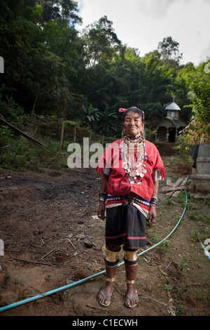 Big ear Karen old woman standing at they village, Ban Nai Soi, Mae Hong Son, Thailand Stock Photo