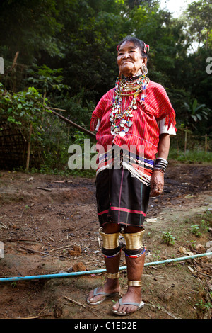 Big ear Karen old woman standing at they village, Ban Nai Soi, Mae Hong Son, Thailand Stock Photo