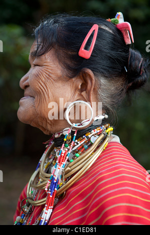 Big ear Karen old woman standing at they village, Ban Nai Soi, Mae Hong Son, Thailand Stock Photo