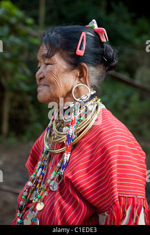 Big ear Karen old woman standing at they village, Ban Nai Soi, Mae Hong Son, Thailand Stock Photo