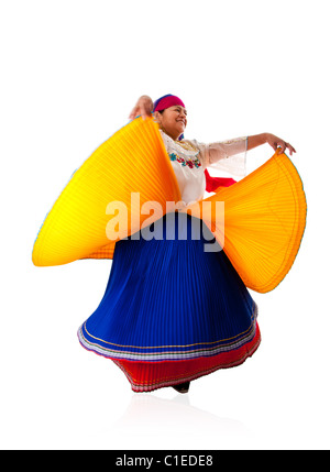 happy Latin Gypsy woman from South America dancing in Folklore clothes from Ecuador, Colombia, Bolivia or Venezuela. Stock Photo