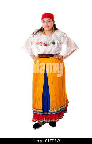 happy Latin Gypsy woman from South America dressed in Folklore clothes from Ecuador, Colombia, Bolivia or Venezuela. Stock Photo