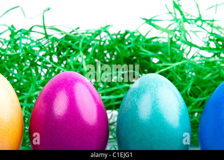 four colored Easter eggs are on a white background with Easter grass Stock Photo