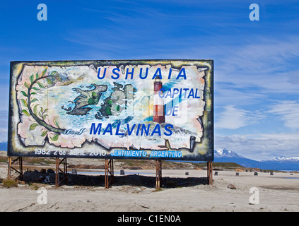 Sign claiming Ushuaia to be the Captial of the Malvinas (Falklands), Ushuaia, Tierra del Fuego, Argentina Stock Photo