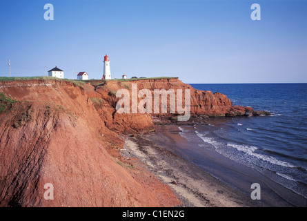 Canada, Quebec Province, La Madeleine Islands, Harbour at the houses, headlight of Echouerie, cliffs red Stock Photo