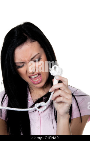 Electricity price. Hands with cables and connectors for power. Stock Photo