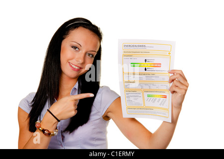 Young woman with an Energy Performance Certificate (Austria) Stock Photo
