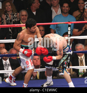 Manny Pacquiao knocks out Ricky Hatton in 2:59 seconds in the second round at the MGM Grand Garden Arena. Referee Kenny Bayless Stock Photo