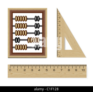 wooden abacus and rulers isolated on white background Stock Photo