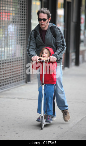 Matthew Broderick plays the doting father as he takes son James Broderick to school on a scooter New York City, USA - 11.05.09 Stock Photo