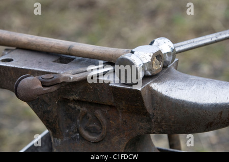 Mobile farriers anvil, hammer and tongs. Stock Photo