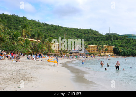 A beach with tourists on St. Thomas in the Virgin Islands. December 29, 2010. Stock Photo