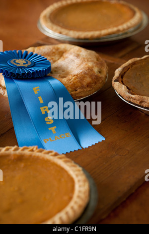 First place ribbon on homemade pie Stock Photo