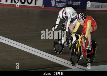 Shuang Guo (China)   Kaarle McCulloch  Australia at finish line  sprint QF UCI Track Cycling World Cup Manchester Velodrome Stock Photo