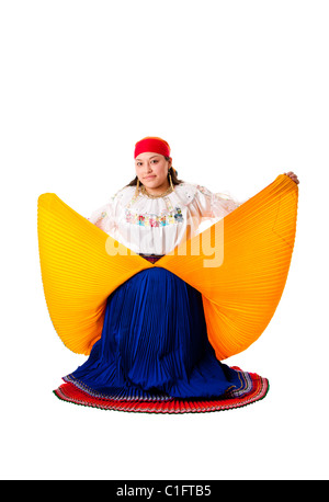 happy Latin Gypsy woman from South America dressed in Folklore clothes from Ecuador, Colombia, Bolivia or Venezuela. Stock Photo