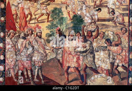 Conquest of Mexico (1519). Hernan Cortes entering Cempoal and receiving chief Gordo Quauhtlaebana. Stock Photo