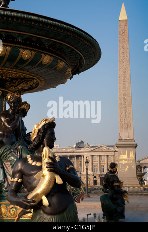 Luxor Obelisk and Fountain. Place de la Concorde. Paris, France. Stock Photo