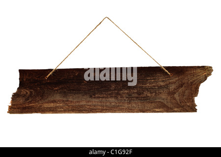 Blank wooden sign hanging on a string isolated against a pure white background. Stock Photo