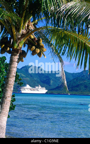 France, French Polynesia, Tahaa lagoon from a private islet, Paul Gauguin cruise ship anchored in the background Stock Photo