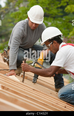 Carpenters using a sawzall and a pry bar on the roof of a house under construction Stock Photo