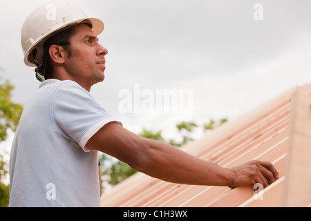 Carpenter examining roof framing Stock Photo