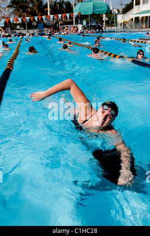 Female competitor in the collegiate Orange Bowl Swimming Classic doing a front or forward crawl for warm-up purposes. Stock Photo